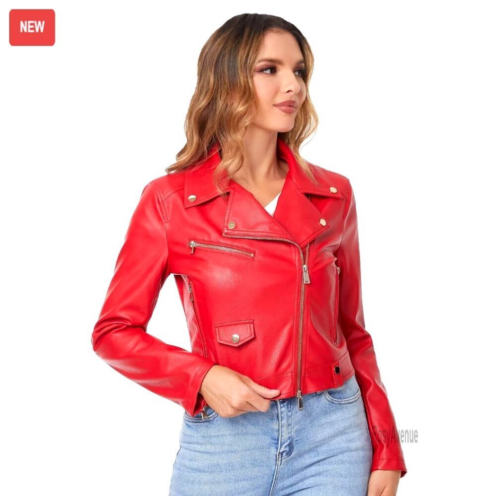 Faux Leather Cropped Moto Jacket Women's Slim Fit Zip Front